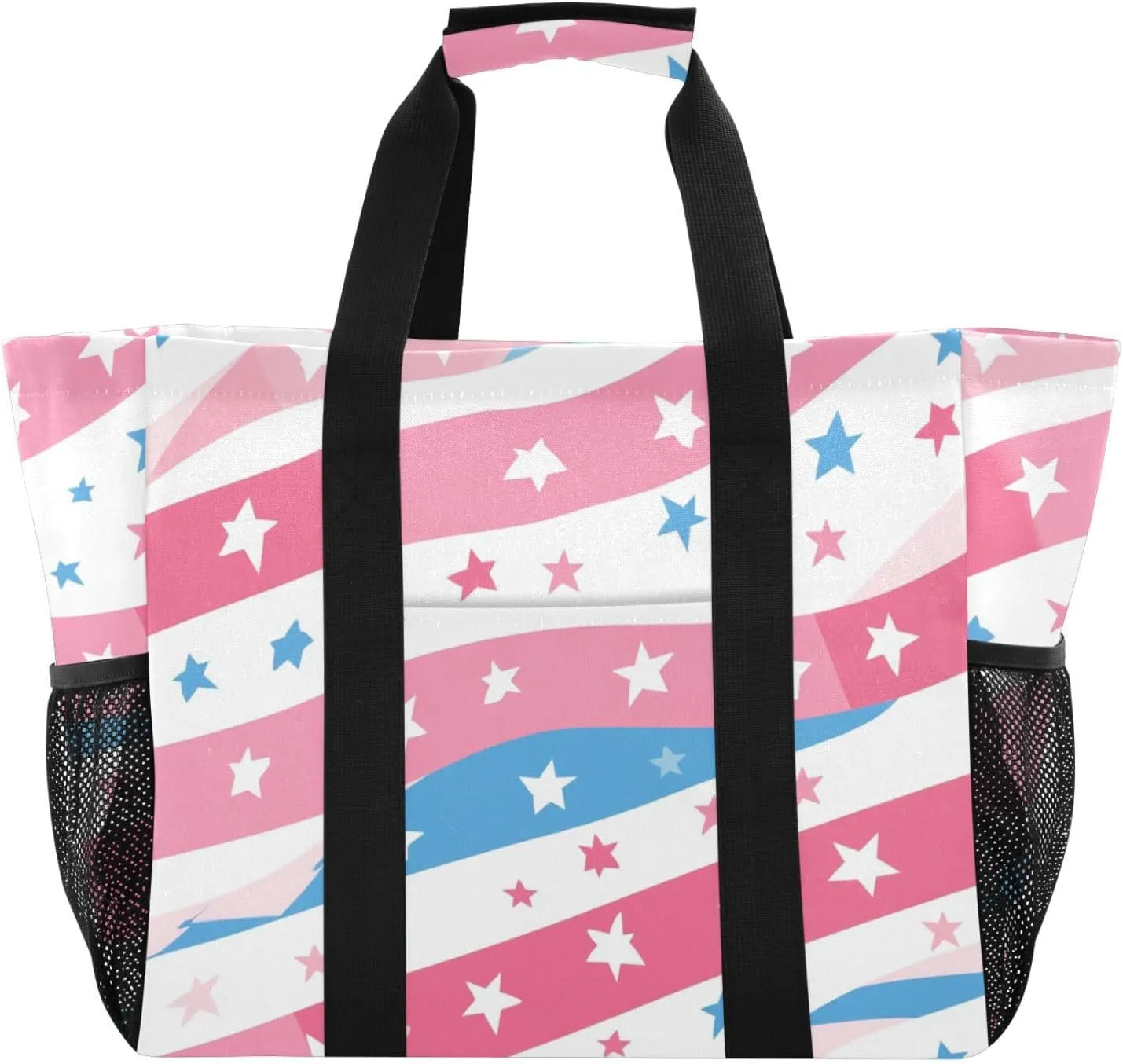 Pastel Peach Color Stars Stripe Utility Bag Foldable Tote Bag For Beach Waterproof Grocery Bags Reusable Canvas Totes Bags For Car