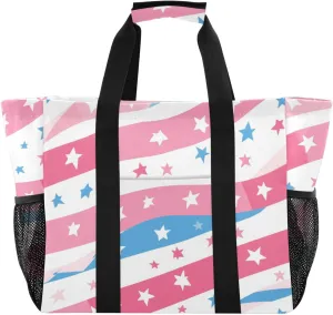 Pastel Peach Color Stars Stripe Utility Bag Foldable Tote Bag For Beach Waterproof Grocery Bags Reusable Canvas Totes Bags For Car