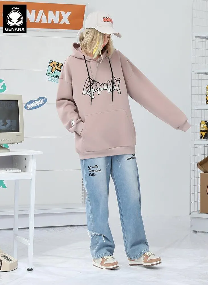 Plain Logo Print Jacquard Kangaroo Pocket Hoodies