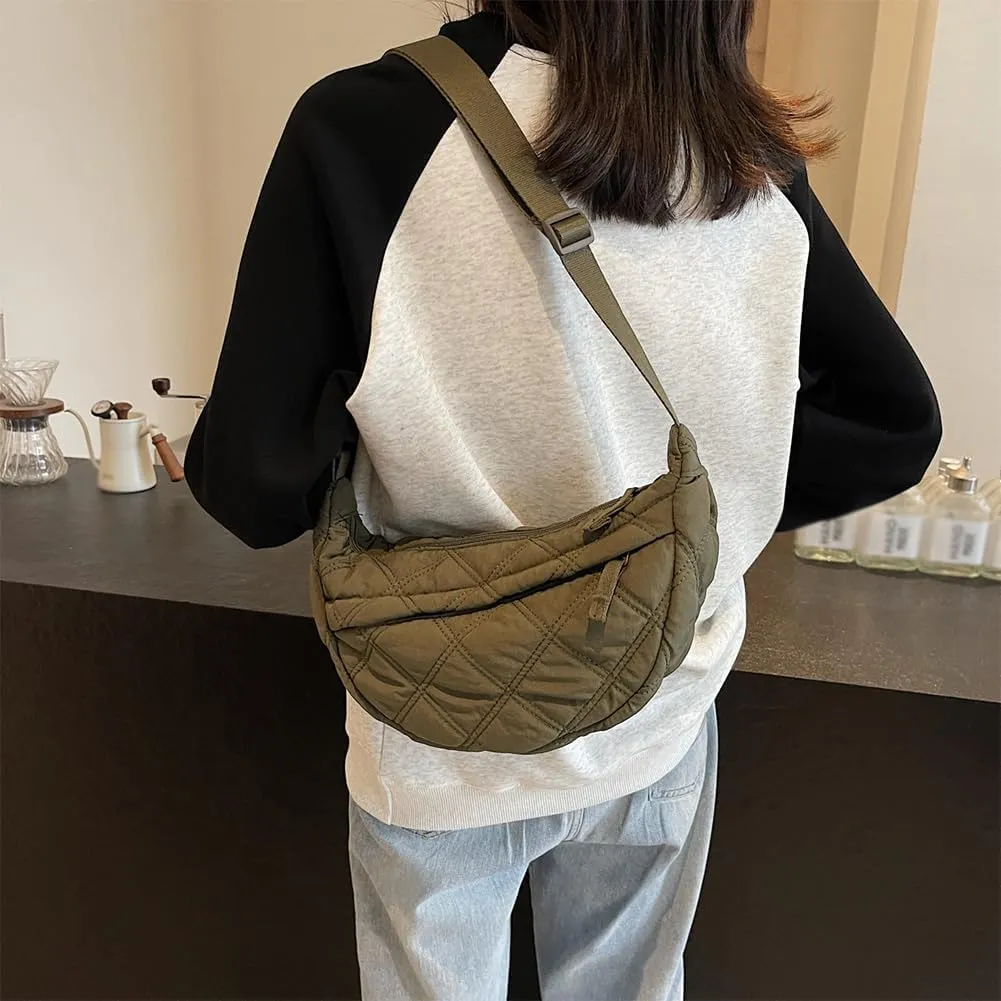 Quilted Crescent Crossbody Bags for Women Puffer Shoulder Hobo Bag Nylon Down Padded Quilted Handbag Dumpling Purse