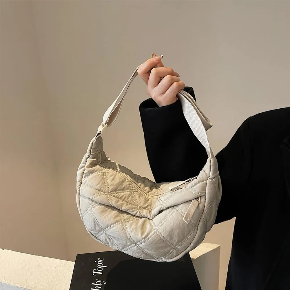 Quilted Crescent Crossbody Bags for Women Puffer Shoulder Hobo Bag Nylon Down Padded Quilted Handbag Dumpling Purse