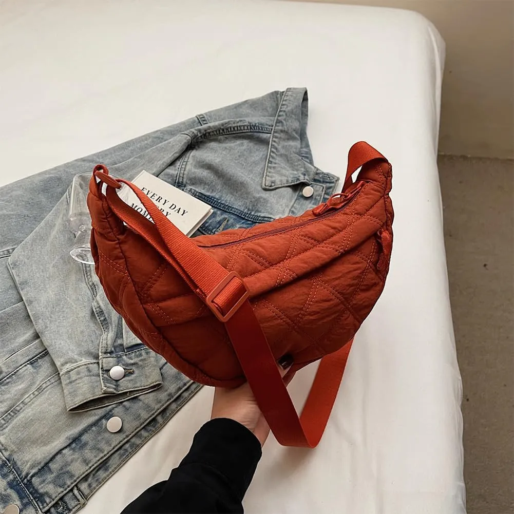 Quilted Crescent Crossbody Bags for Women Puffer Shoulder Hobo Bag Nylon Down Padded Quilted Handbag Dumpling Purse