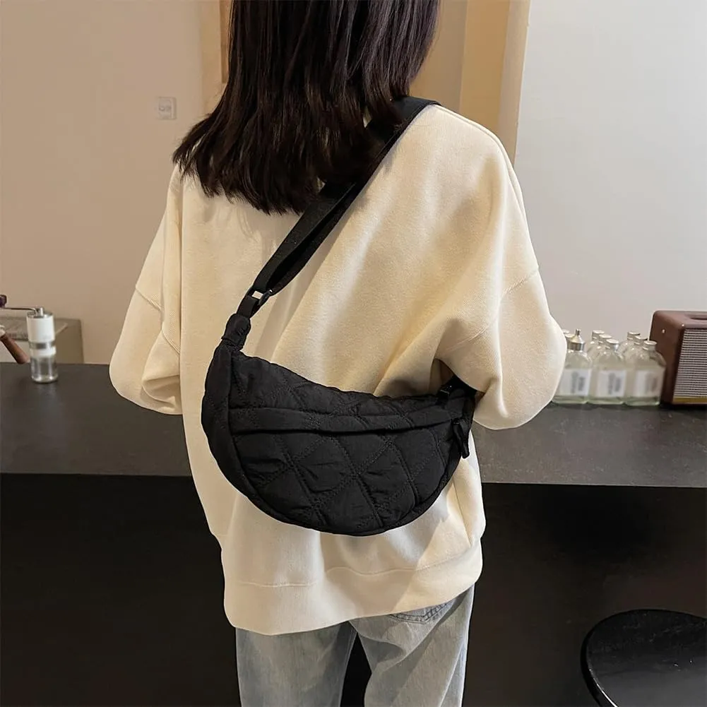 Quilted Crescent Crossbody Bags for Women Puffer Shoulder Hobo Bag Nylon Down Padded Quilted Handbag Dumpling Purse
