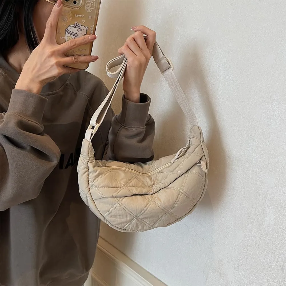 Quilted Crescent Crossbody Bags for Women Puffer Shoulder Hobo Bag Nylon Down Padded Quilted Handbag Dumpling Purse