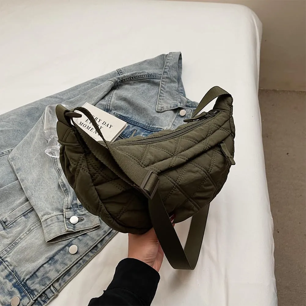 Quilted Crescent Crossbody Bags for Women Puffer Shoulder Hobo Bag Nylon Down Padded Quilted Handbag Dumpling Purse