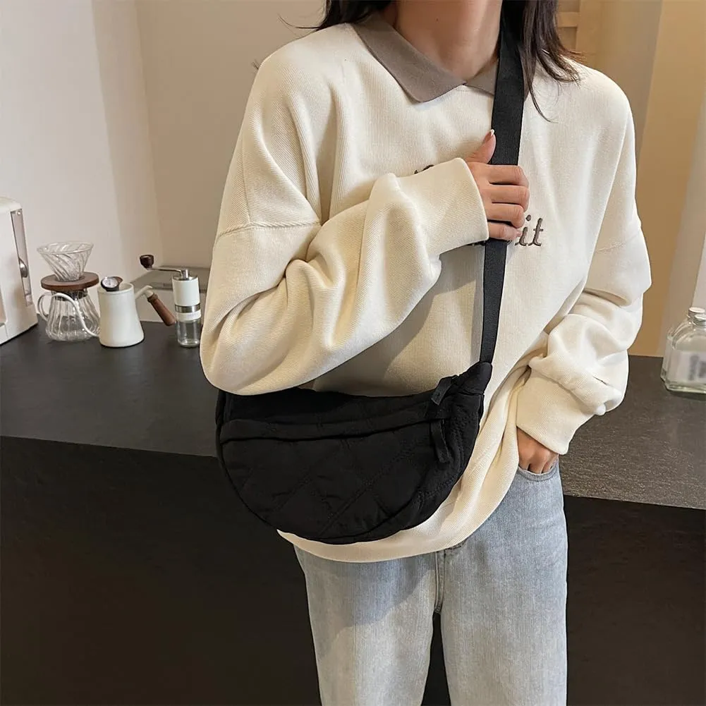 Quilted Crescent Crossbody Bags for Women Puffer Shoulder Hobo Bag Nylon Down Padded Quilted Handbag Dumpling Purse