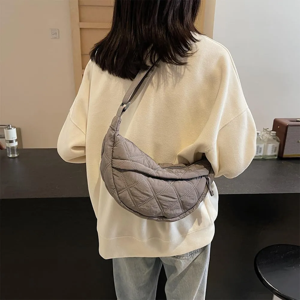 Quilted Crescent Crossbody Bags for Women Puffer Shoulder Hobo Bag Nylon Down Padded Quilted Handbag Dumpling Purse