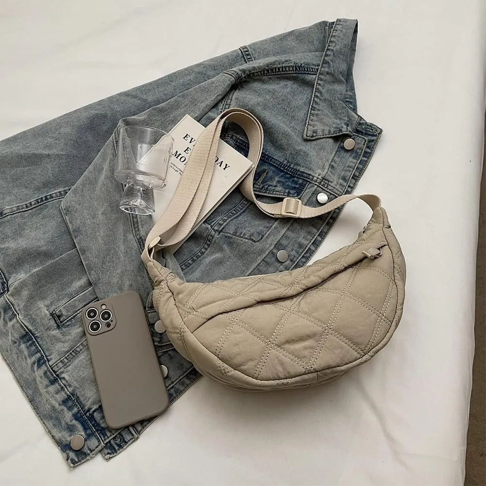 Quilted Crescent Crossbody Bags for Women Puffer Shoulder Hobo Bag Nylon Down Padded Quilted Handbag Dumpling Purse