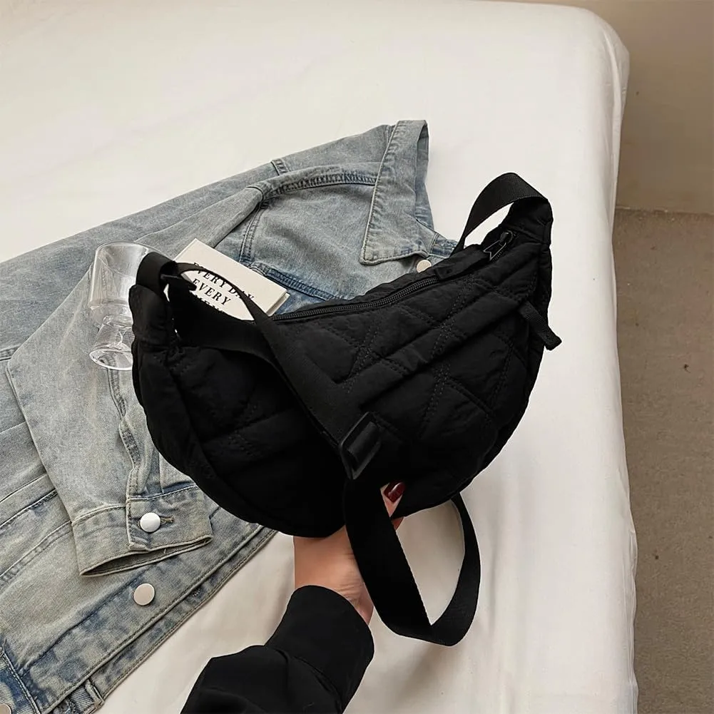 Quilted Crescent Crossbody Bags for Women Puffer Shoulder Hobo Bag Nylon Down Padded Quilted Handbag Dumpling Purse