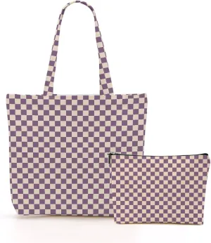Retro Checkered Christmas Birthday Canvas Tote Bag Shopping Grocery Bag with Pocket & Makeup Bag for Women Girls