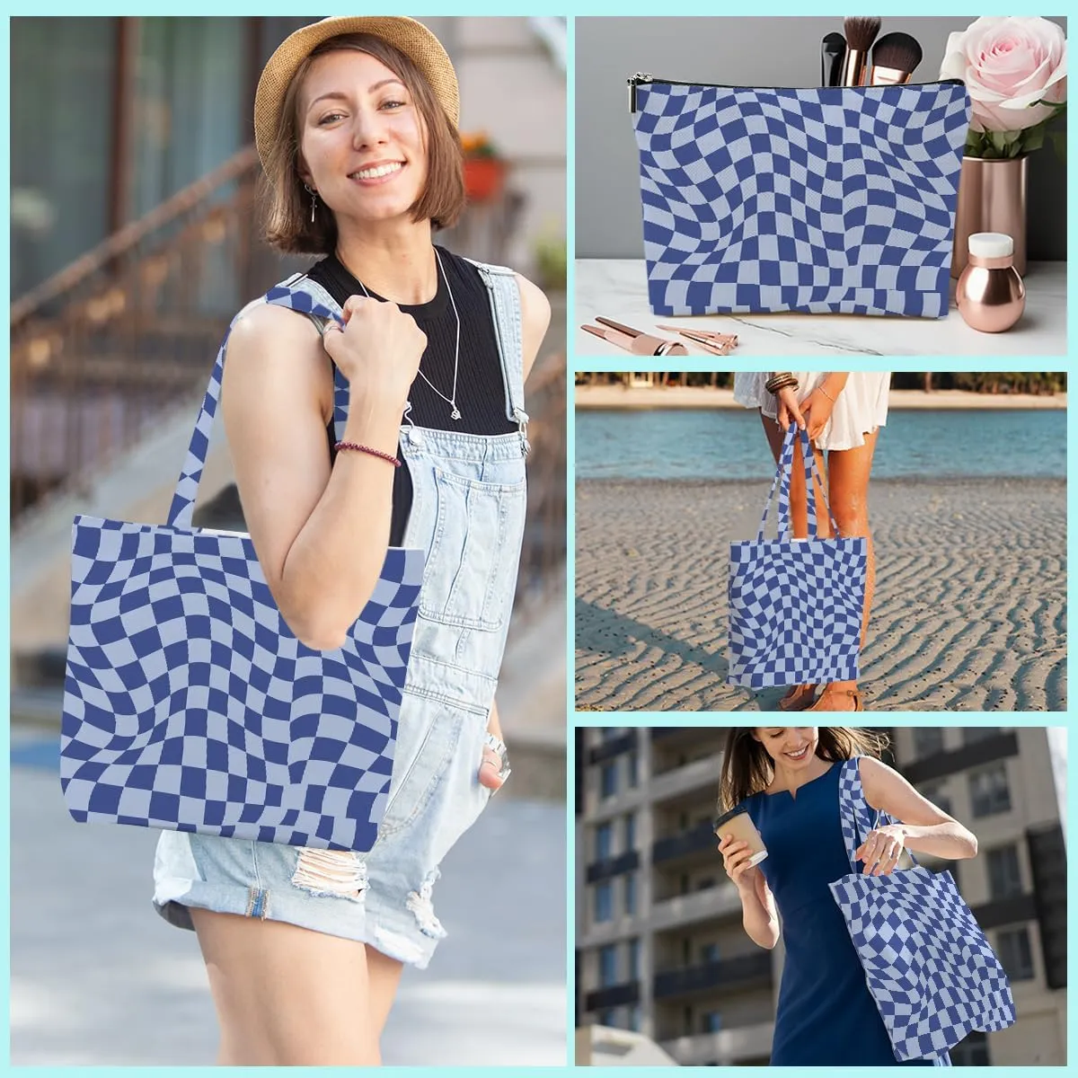 Retro Checkered Christmas Birthday Canvas Tote Bag Shopping Grocery Bag with Pocket & Makeup Bag for Women Girls