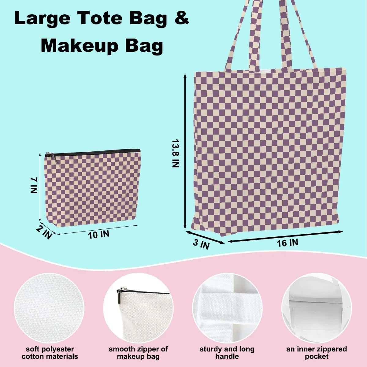 Retro Checkered Christmas Birthday Canvas Tote Bag Shopping Grocery Bag with Pocket & Makeup Bag for Women Girls