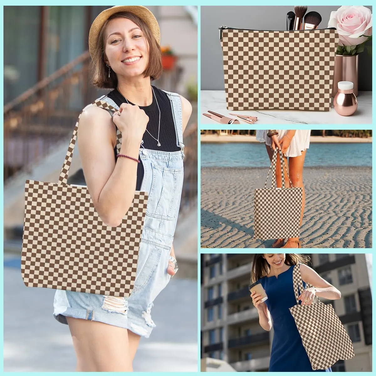 Retro Checkered Christmas Birthday Canvas Tote Bag Shopping Grocery Bag with Pocket & Makeup Bag for Women Girls