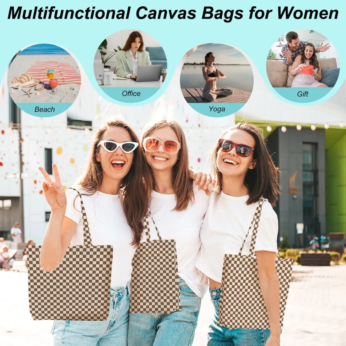 Retro Checkered Christmas Birthday Canvas Tote Bag Shopping Grocery Bag with Pocket & Makeup Bag for Women Girls