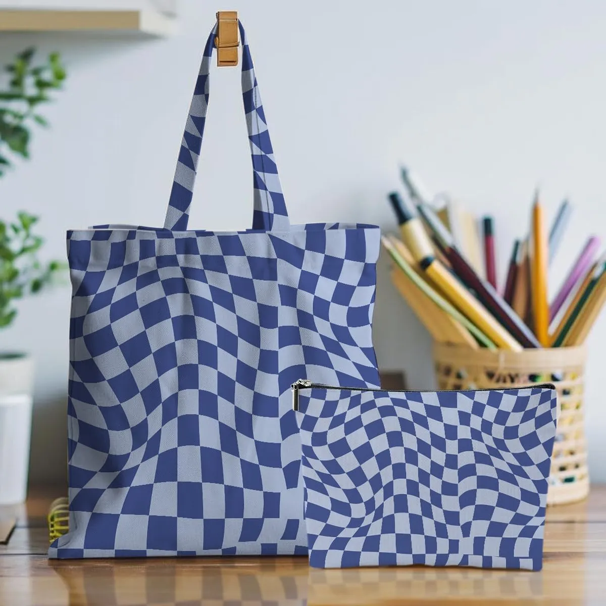 Retro Checkered Christmas Birthday Canvas Tote Bag Shopping Grocery Bag with Pocket & Makeup Bag for Women Girls