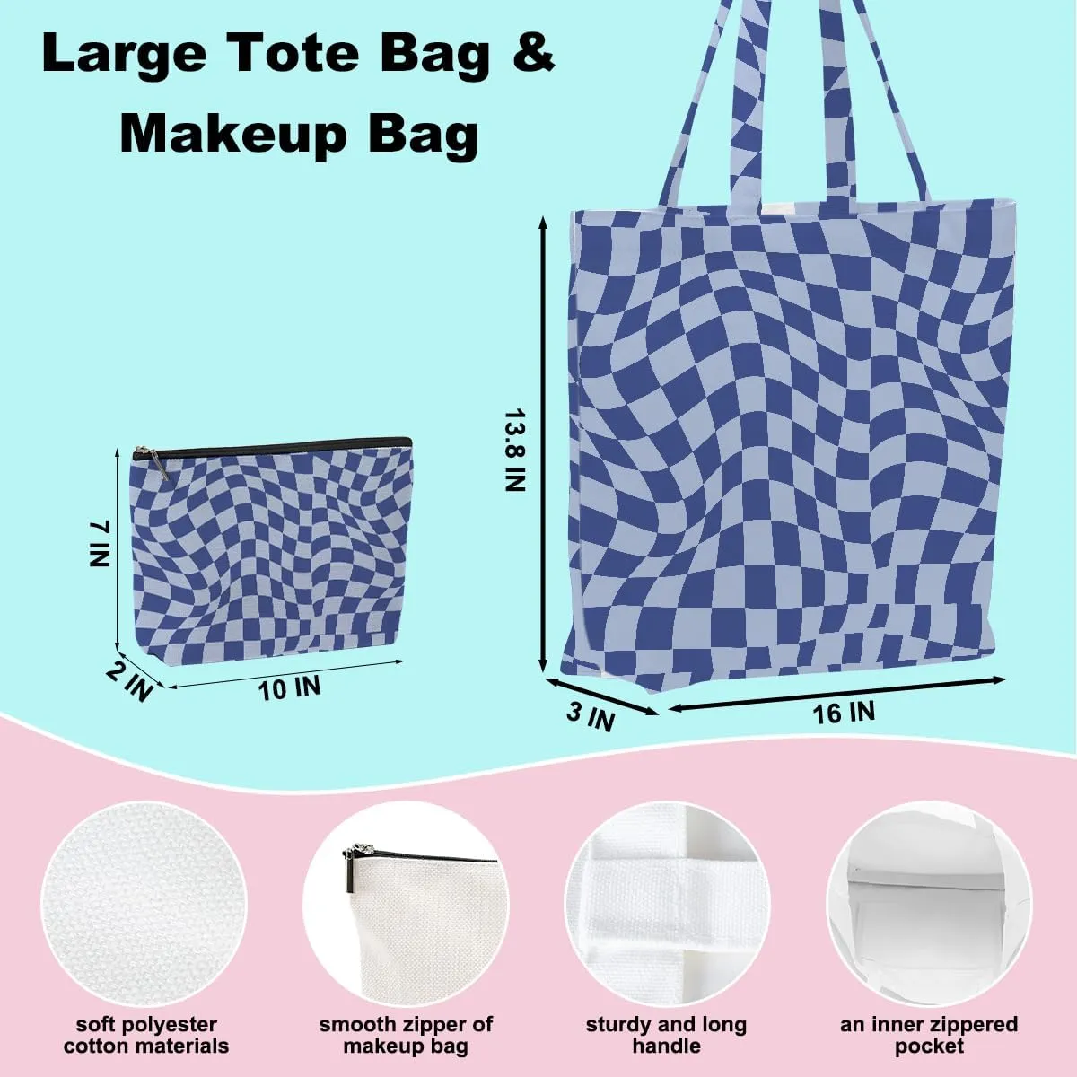 Retro Checkered Christmas Birthday Canvas Tote Bag Shopping Grocery Bag with Pocket & Makeup Bag for Women Girls