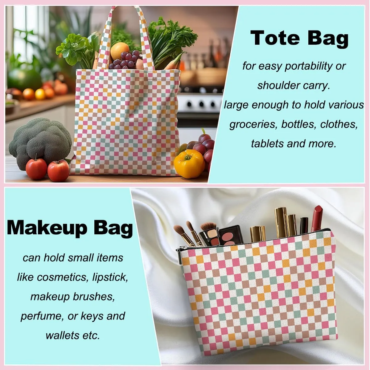 Retro Checkered Christmas Birthday Canvas Tote Bag Shopping Grocery Bag with Pocket & Makeup Bag for Women Girls