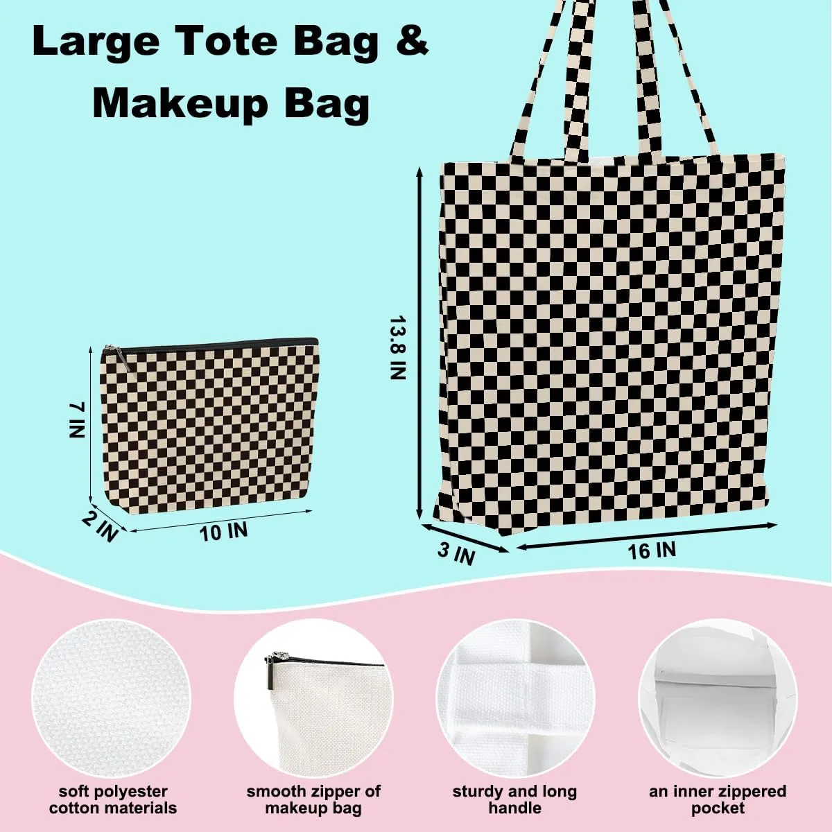 Retro Checkered Christmas Birthday Canvas Tote Bag Shopping Grocery Bag with Pocket & Makeup Bag for Women Girls