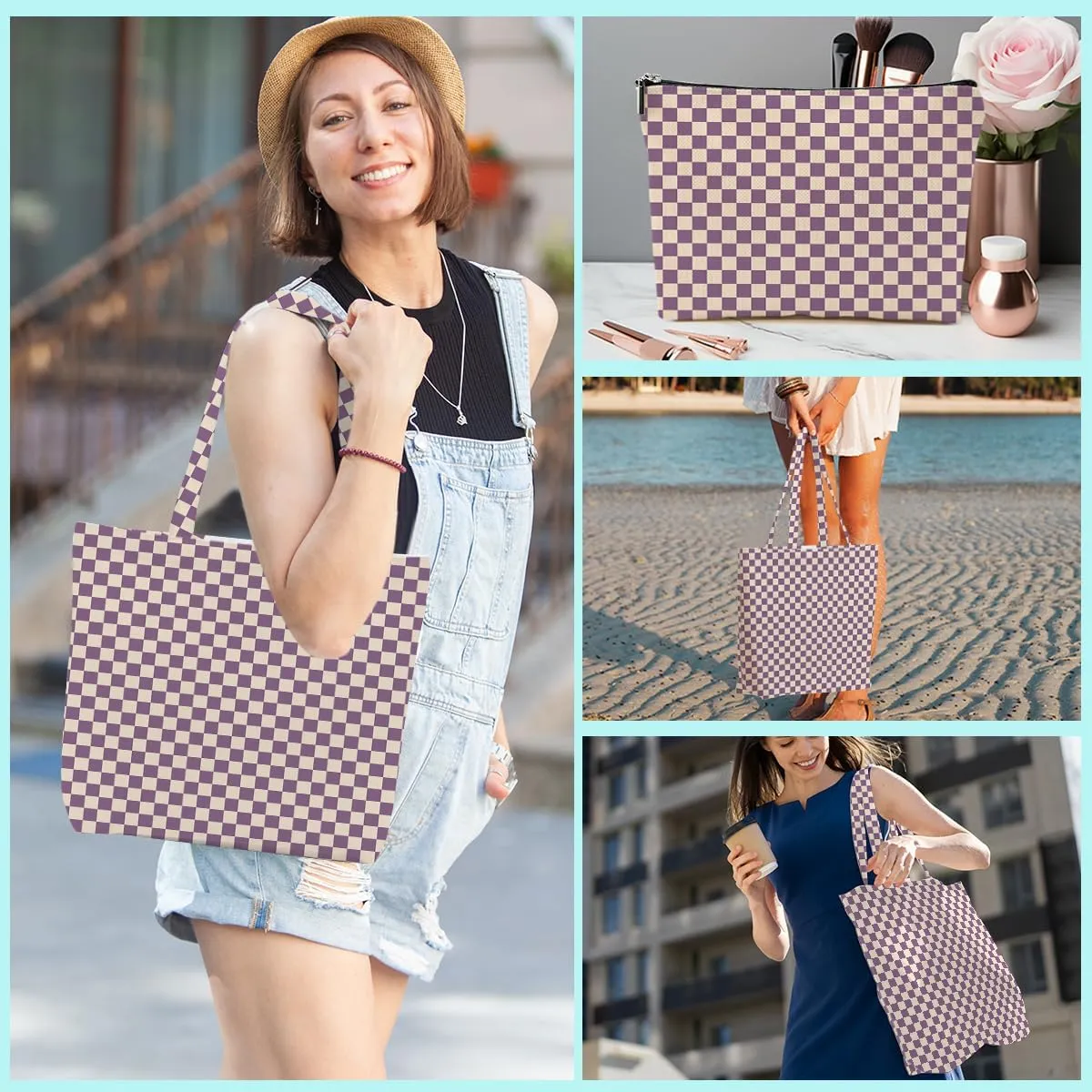 Retro Checkered Christmas Birthday Canvas Tote Bag Shopping Grocery Bag with Pocket & Makeup Bag for Women Girls