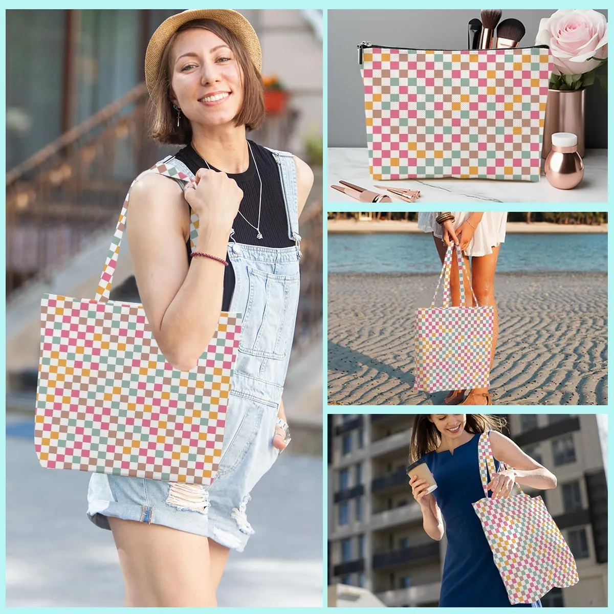 Retro Checkered Christmas Birthday Canvas Tote Bag Shopping Grocery Bag with Pocket & Makeup Bag for Women Girls