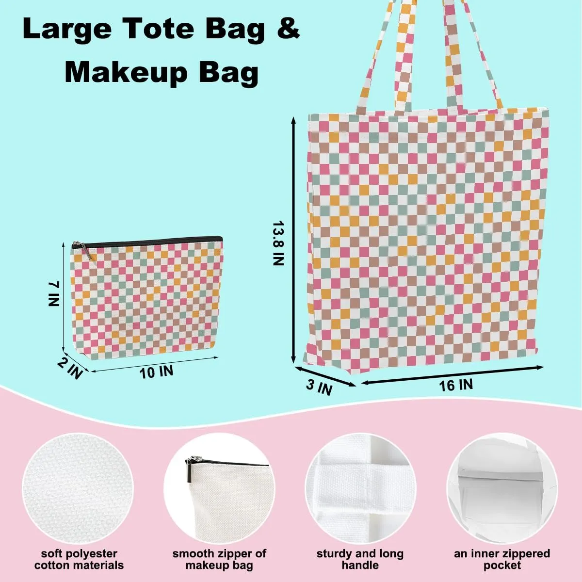 Retro Checkered Christmas Birthday Canvas Tote Bag Shopping Grocery Bag with Pocket & Makeup Bag for Women Girls