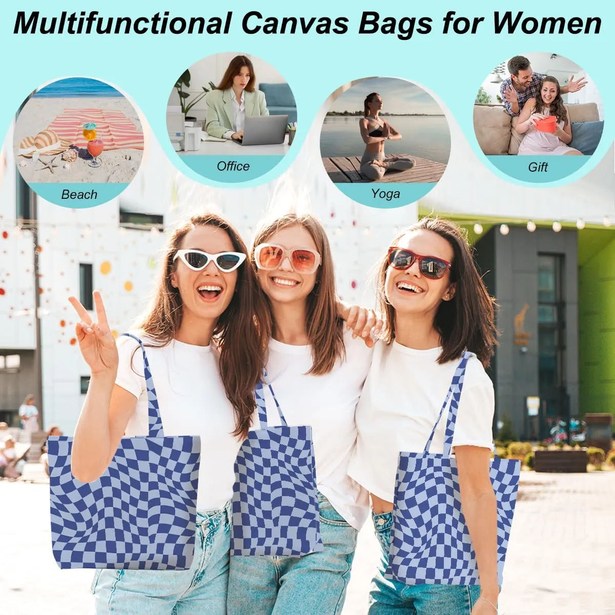 Retro Checkered Christmas Birthday Canvas Tote Bag Shopping Grocery Bag with Pocket & Makeup Bag for Women Girls