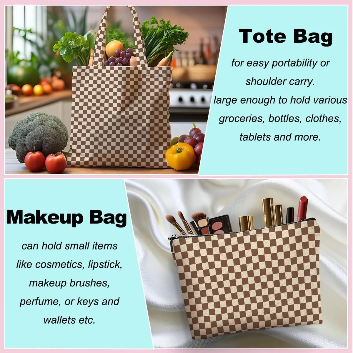 Retro Checkered Christmas Birthday Canvas Tote Bag Shopping Grocery Bag with Pocket & Makeup Bag for Women Girls