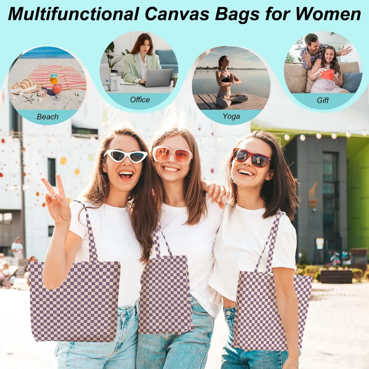 Retro Checkered Christmas Birthday Canvas Tote Bag Shopping Grocery Bag with Pocket & Makeup Bag for Women Girls