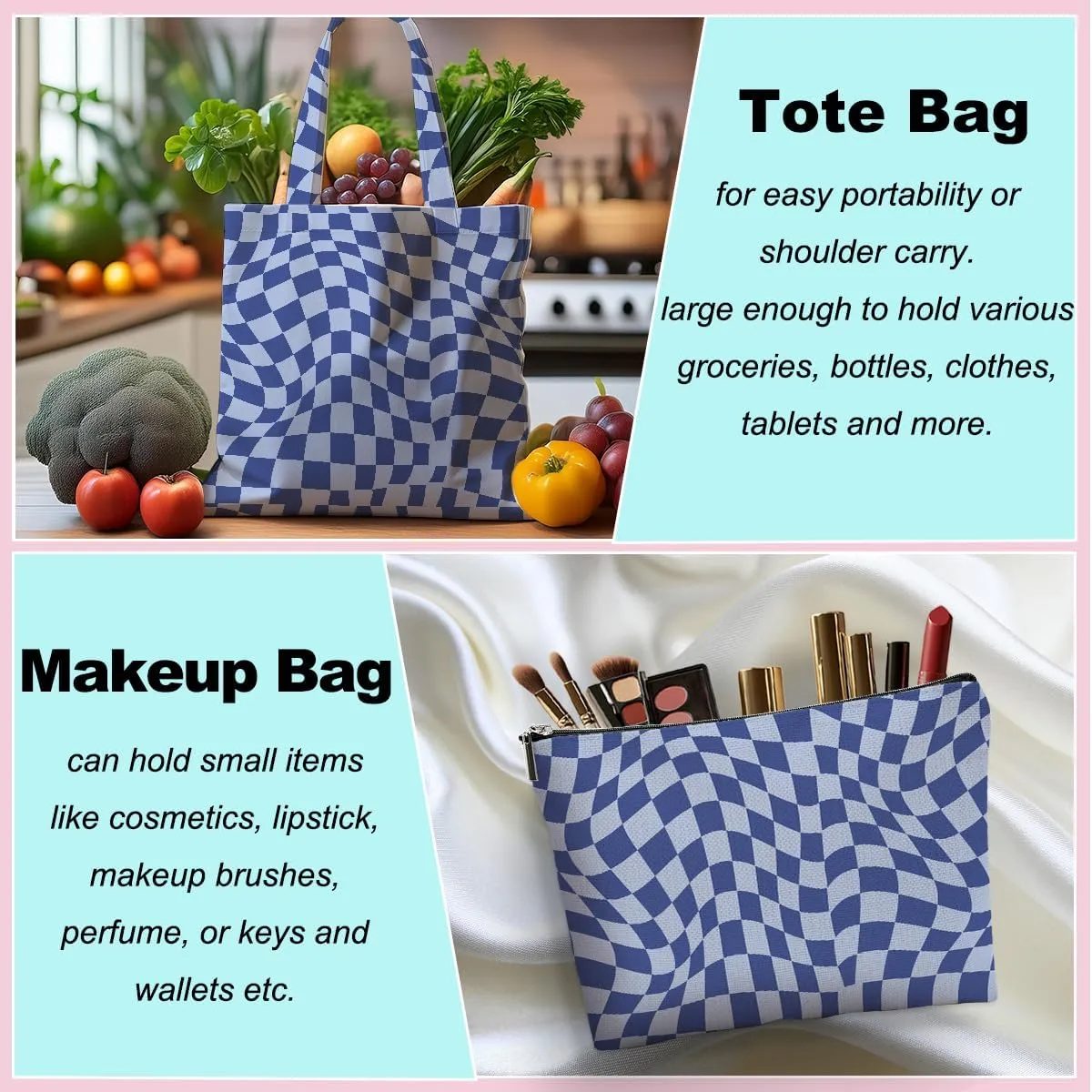 Retro Checkered Christmas Birthday Canvas Tote Bag Shopping Grocery Bag with Pocket & Makeup Bag for Women Girls