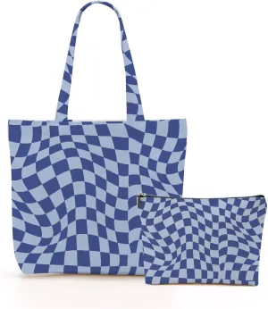 Retro Checkered Christmas Birthday Canvas Tote Bag Shopping Grocery Bag with Pocket & Makeup Bag for Women Girls