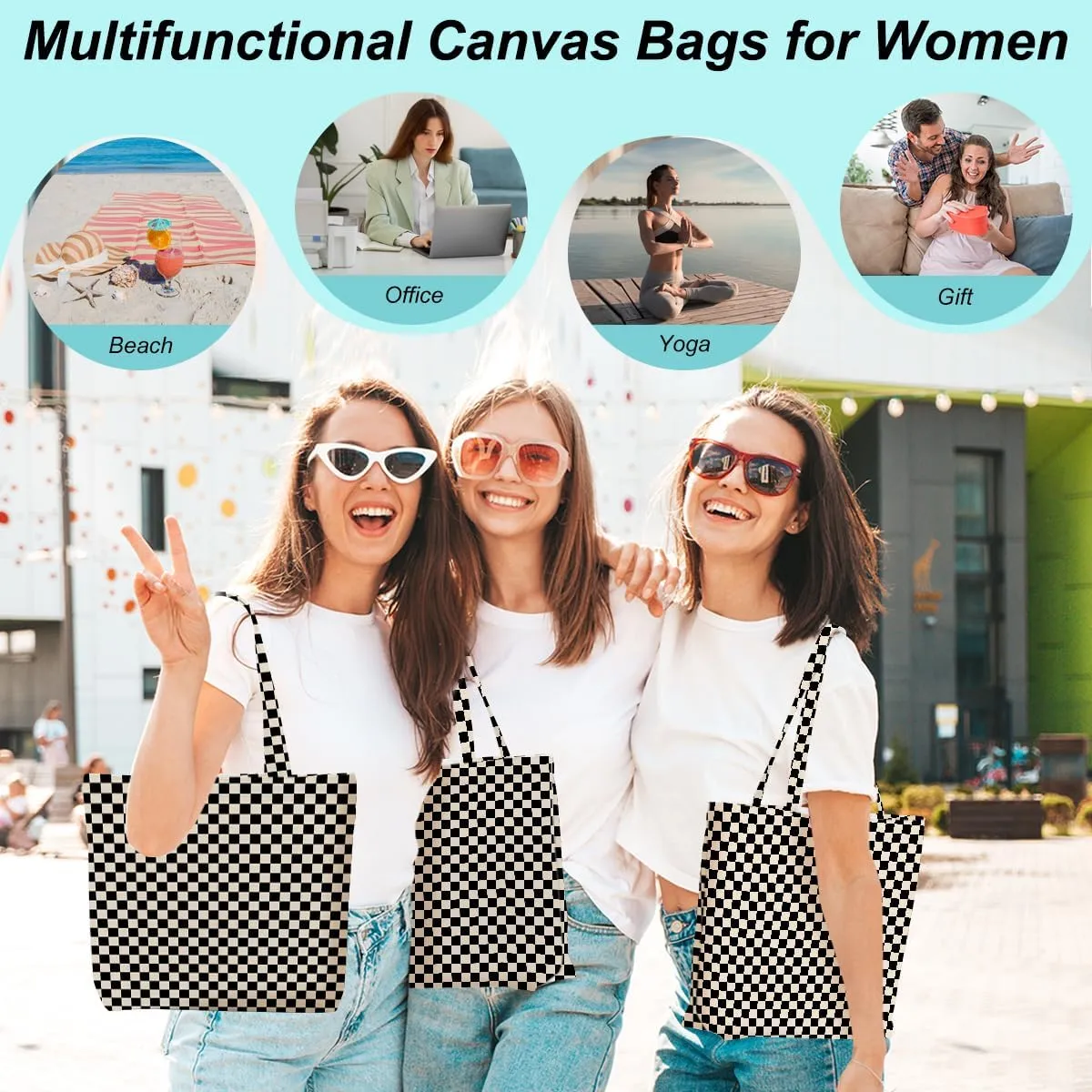 Retro Checkered Christmas Birthday Canvas Tote Bag Shopping Grocery Bag with Pocket & Makeup Bag for Women Girls
