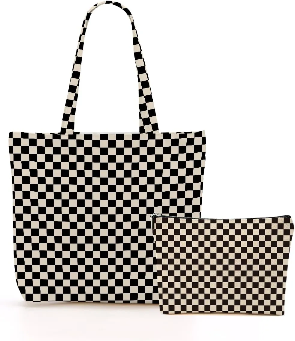 Retro Checkered Christmas Birthday Canvas Tote Bag Shopping Grocery Bag with Pocket & Makeup Bag for Women Girls