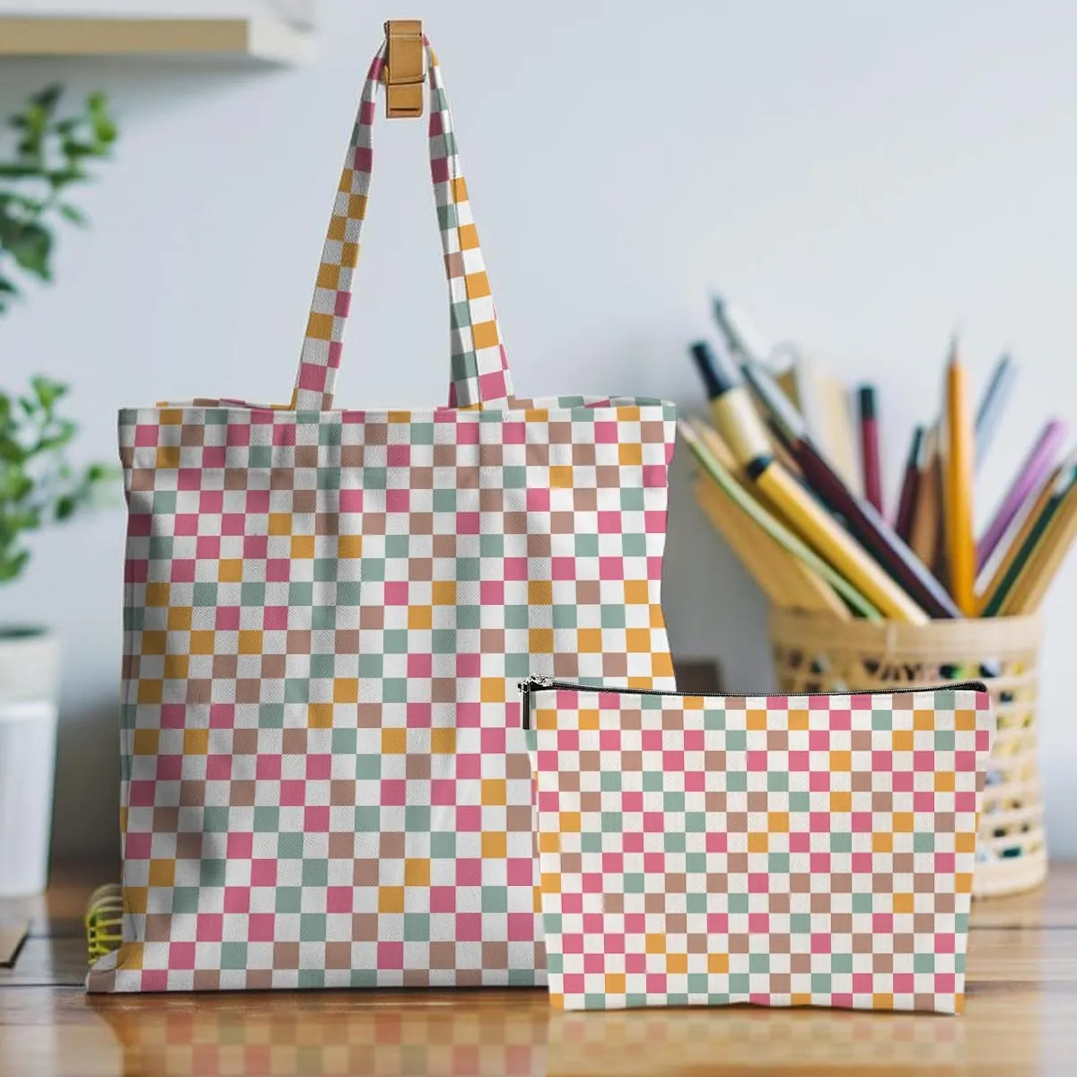 Retro Checkered Christmas Birthday Canvas Tote Bag Shopping Grocery Bag with Pocket & Makeup Bag for Women Girls