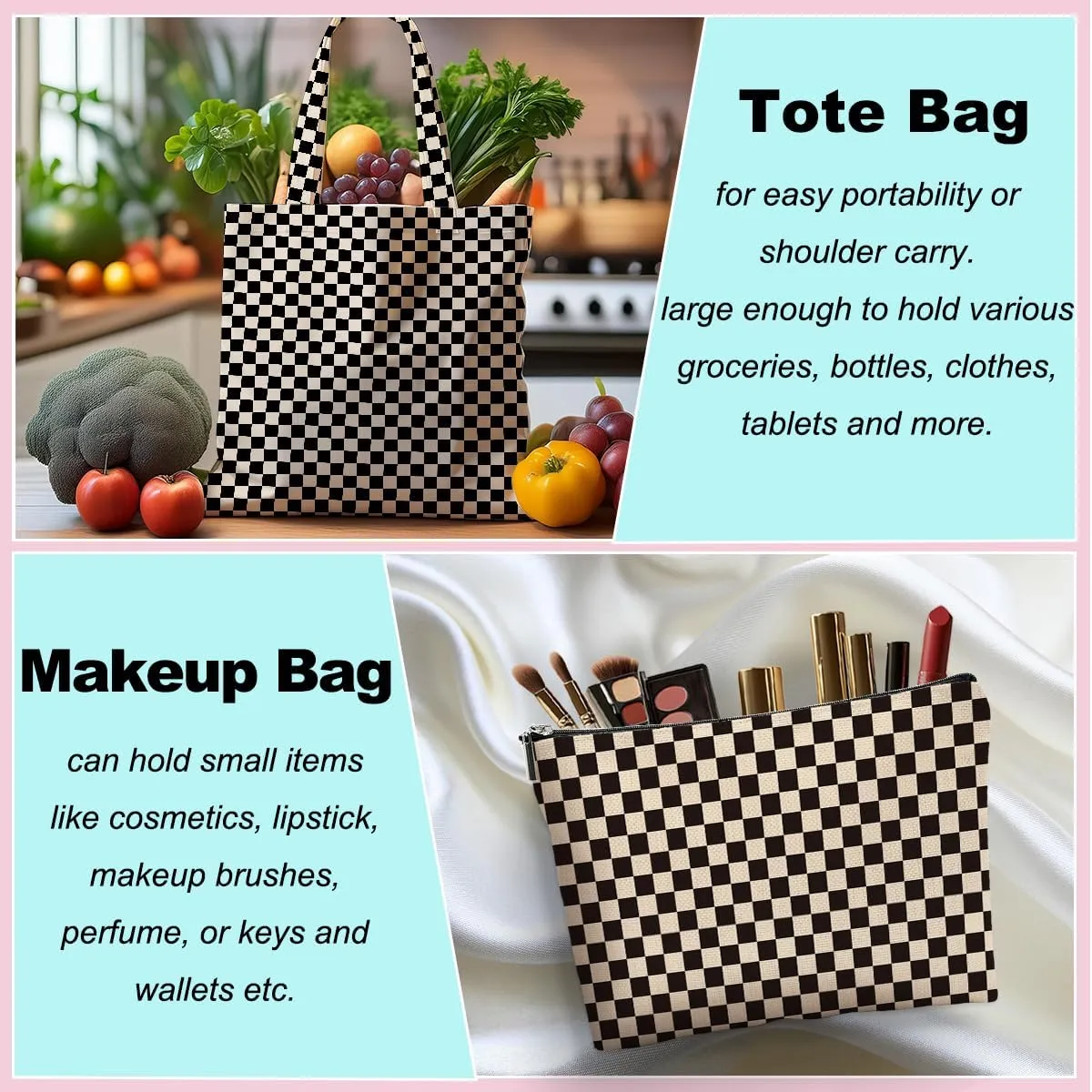 Retro Checkered Christmas Birthday Canvas Tote Bag Shopping Grocery Bag with Pocket & Makeup Bag for Women Girls