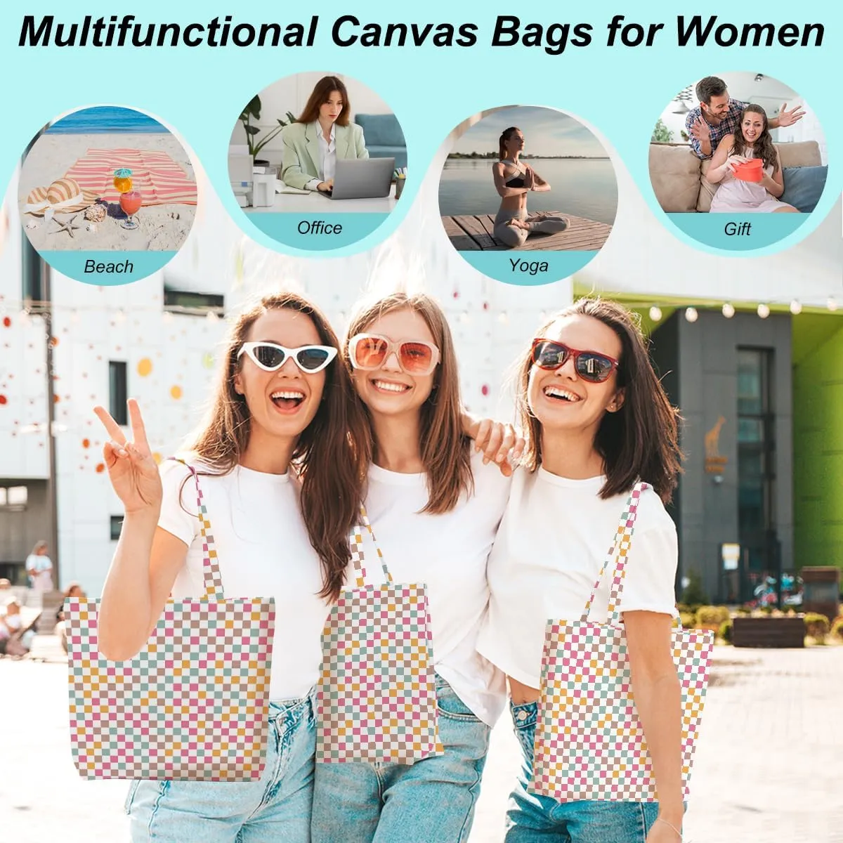 Retro Checkered Christmas Birthday Canvas Tote Bag Shopping Grocery Bag with Pocket & Makeup Bag for Women Girls