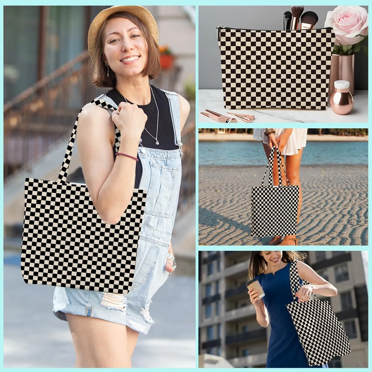 Retro Checkered Christmas Birthday Canvas Tote Bag Shopping Grocery Bag with Pocket & Makeup Bag for Women Girls