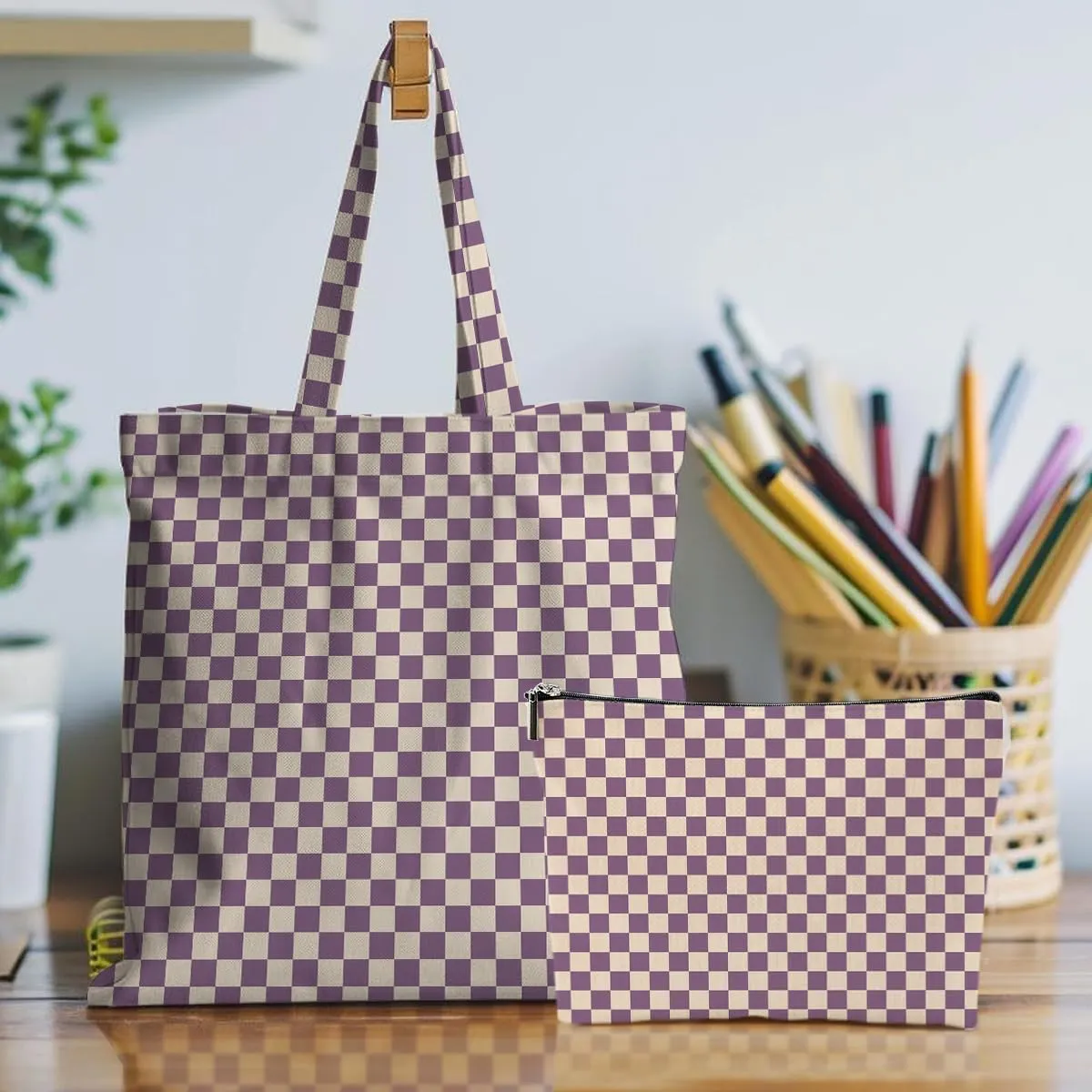 Retro Checkered Christmas Birthday Canvas Tote Bag Shopping Grocery Bag with Pocket & Makeup Bag for Women Girls