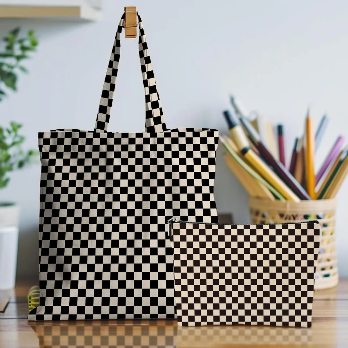 Retro Checkered Christmas Birthday Canvas Tote Bag Shopping Grocery Bag with Pocket & Makeup Bag for Women Girls