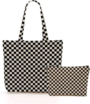 Retro Checkered Christmas Birthday Canvas Tote Bag Shopping Grocery Bag with Pocket & Makeup Bag for Women Girls