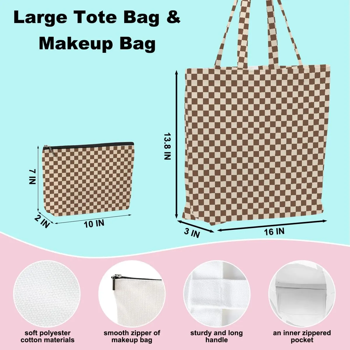 Retro Checkered Christmas Birthday Canvas Tote Bag Shopping Grocery Bag with Pocket & Makeup Bag for Women Girls