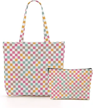 Retro Checkered Christmas Birthday Canvas Tote Bag Shopping Grocery Bag with Pocket & Makeup Bag for Women Girls