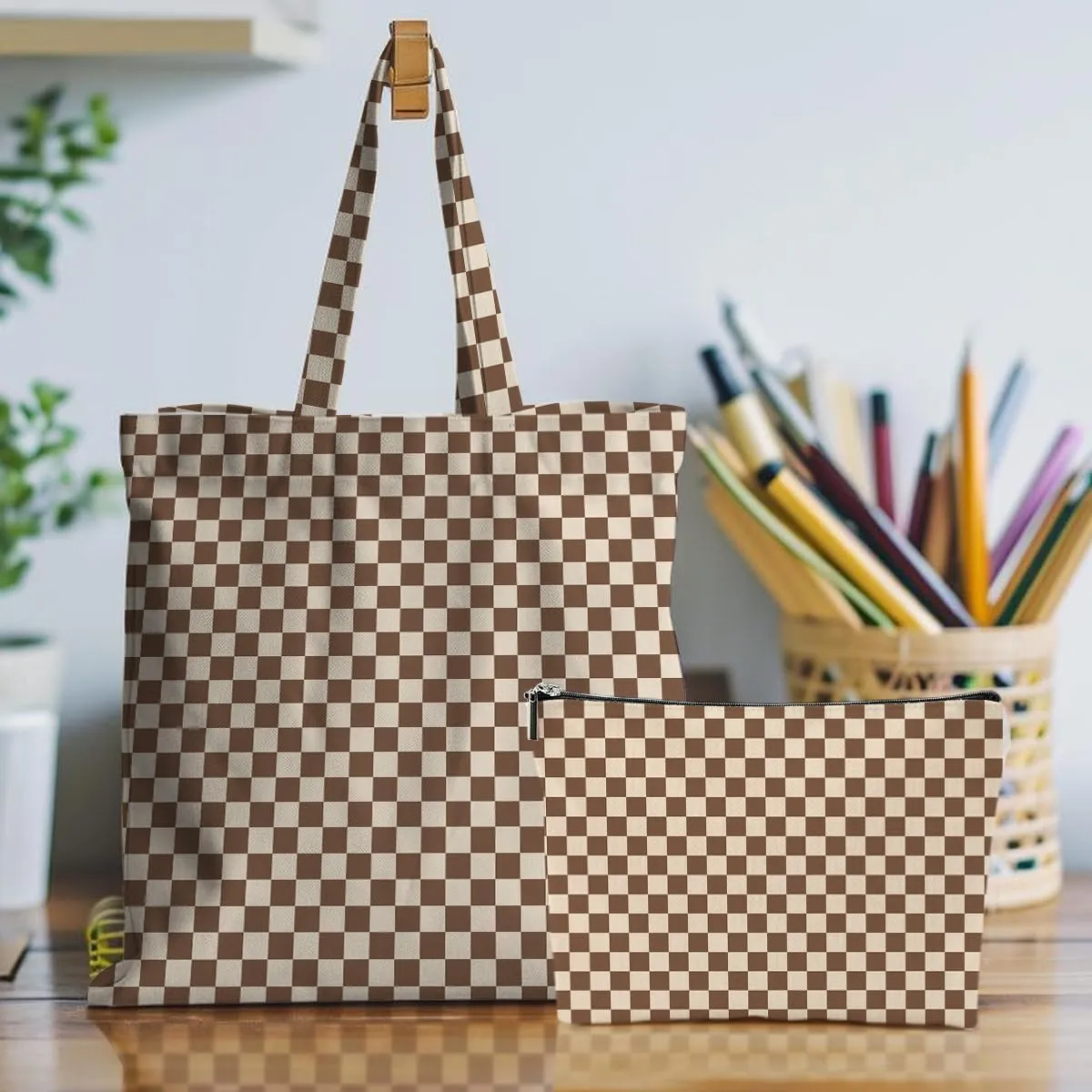 Retro Checkered Christmas Birthday Canvas Tote Bag Shopping Grocery Bag with Pocket & Makeup Bag for Women Girls