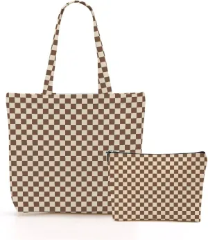 Retro Checkered Christmas Birthday Canvas Tote Bag Shopping Grocery Bag with Pocket & Makeup Bag for Women Girls