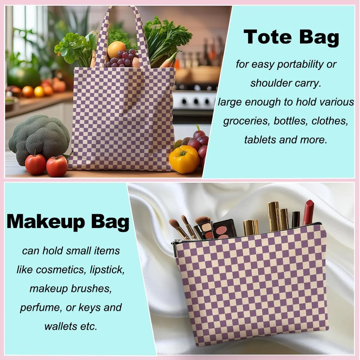 Retro Checkered Christmas Birthday Canvas Tote Bag Shopping Grocery Bag with Pocket & Makeup Bag for Women Girls