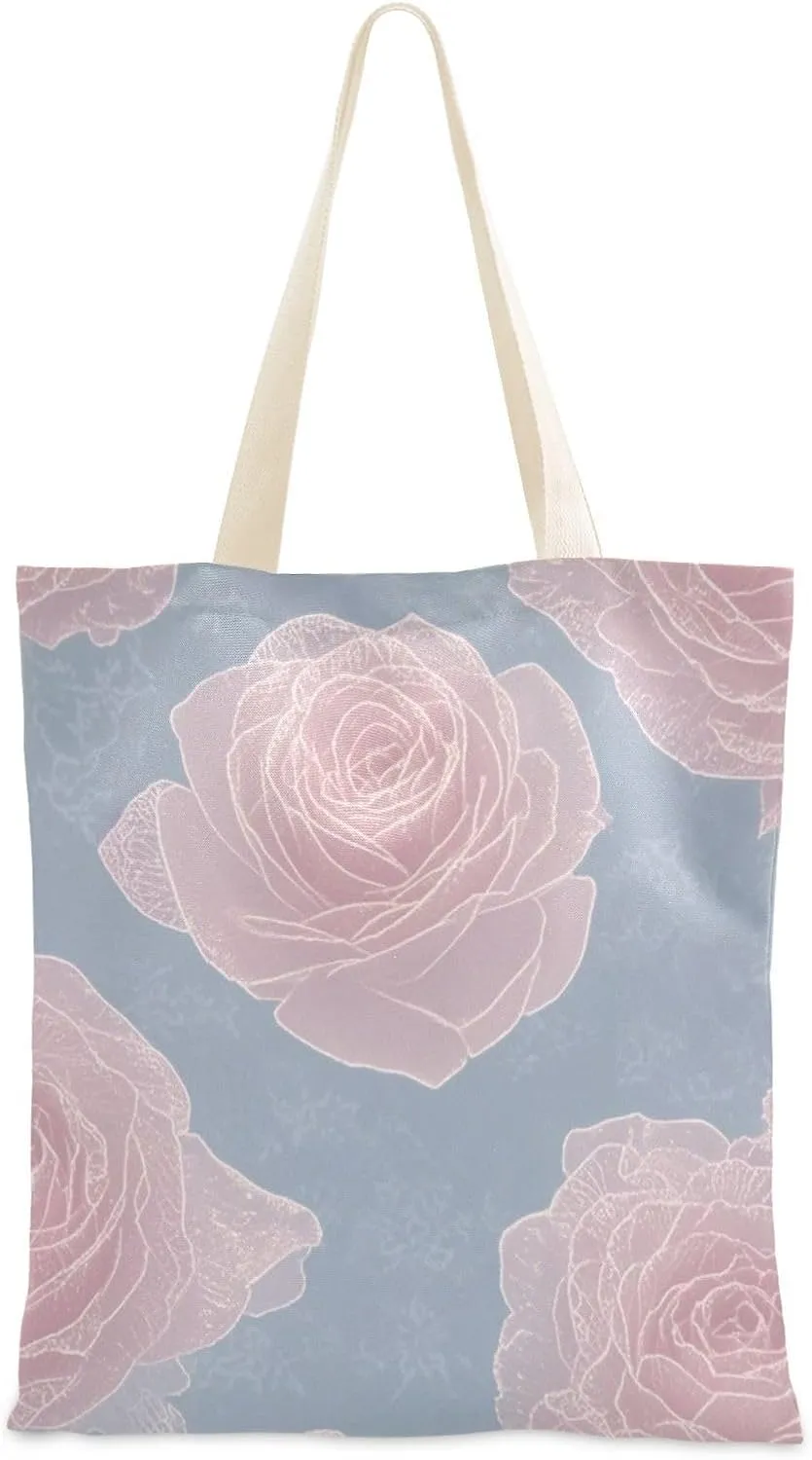 Romantic Pink Rose Flowers Canvas Totes Bulk with handles Aesthetic Tote Bag Grocery Bag for Travelling Bolsa de lona