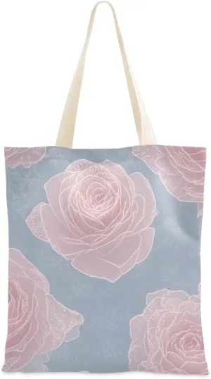 Romantic Pink Rose Flowers Canvas Totes Bulk with handles Aesthetic Tote Bag Grocery Bag for Travelling Bolsa de lona