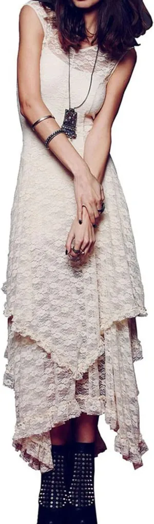R.Vivimos Womens Sleeveless Backless Asymmetrical Layered Lace Long Dress with Slip Two Pieces