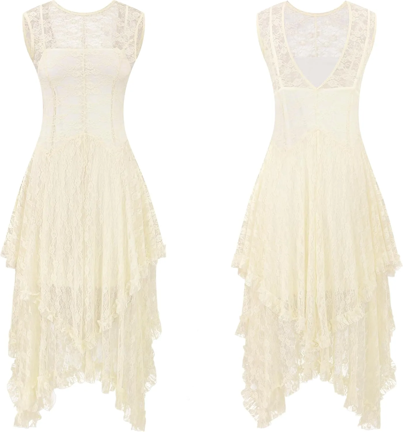 R.Vivimos Womens Sleeveless Backless Asymmetrical Layered Lace Long Dress with Slip Two Pieces