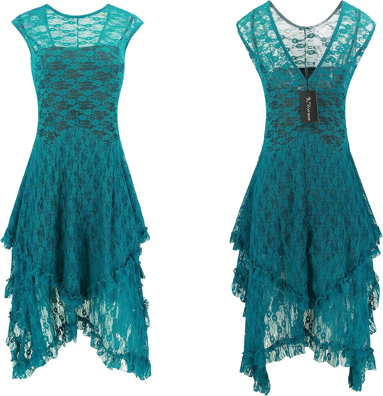 R.Vivimos Womens Sleeveless Backless Asymmetrical Layered Lace Long Dress with Slip Two Pieces