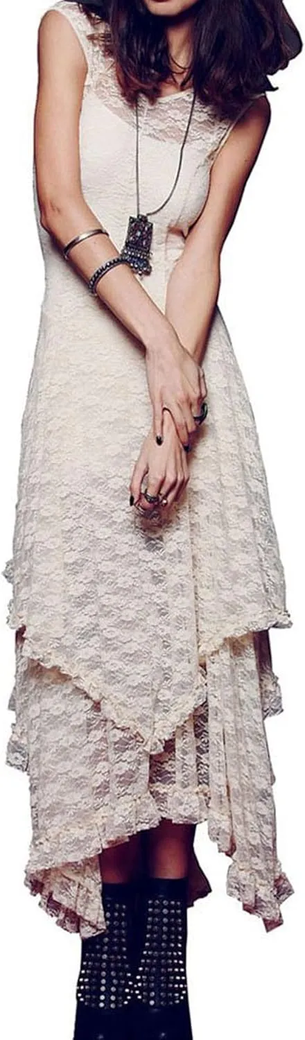 R.Vivimos Womens Sleeveless Backless Asymmetrical Layered Lace Long Dress with Slip Two Pieces